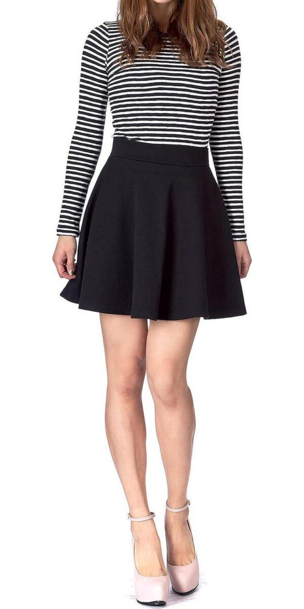 Basic Solid Stretchy Cotton High Waist A-line Flared Casual Skater Mini Skirt - Image 2