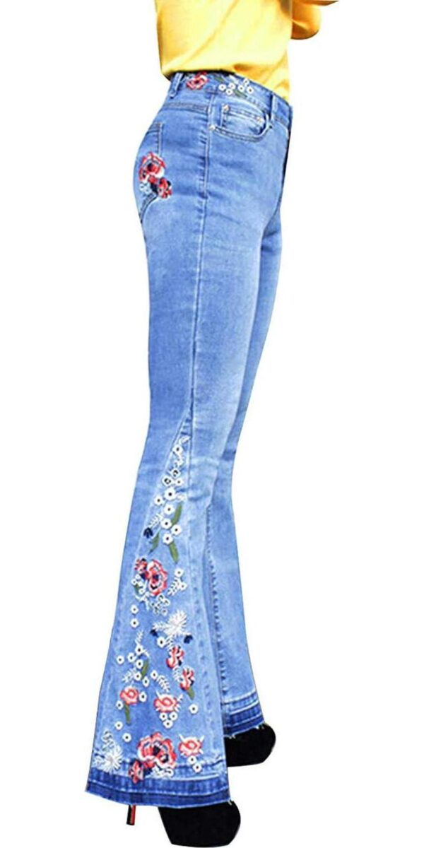 Bell Bottom Jeans for Women Flared Floral Embroidered Jean Wide Leg Denim Pants