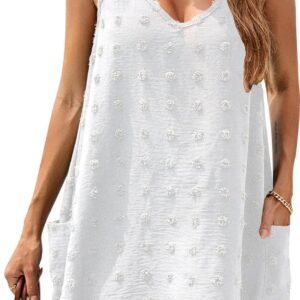 Blooming Jelly Womens Casual Sun Summer Dresses Swiss Polka Dot Beach Cover Up V Neck Tank Dress with Pockets