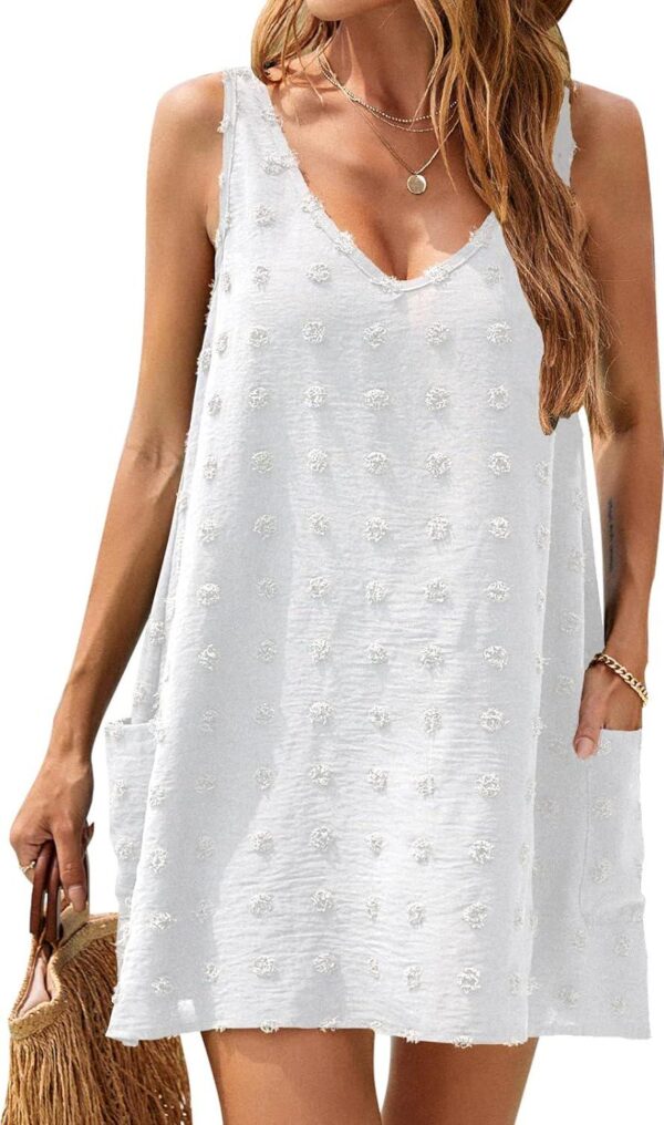Blooming Jelly Womens Casual Sun Summer Dresses Swiss Polka Dot Beach Cover Up V Neck Tank Dress with Pockets