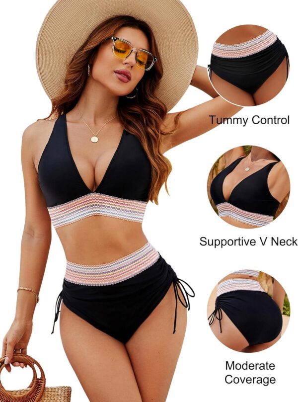 Blooming Jelly Women High Waisted Bikini Sets Tummy Control Swimsuits Color Block Two Piece Drawstring Bathing Suit - Image 5