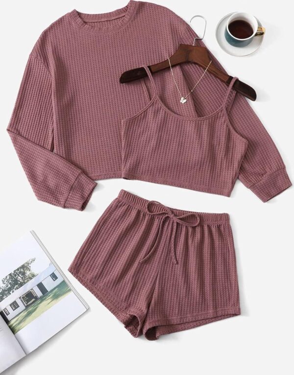 COZYEASE Women's 3 Piece Lounge Sets Ribbed Knit Cami Top Long Sleeve Tee Shirts and Shorts Pajama Sets - Image 5
