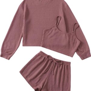 COZYEASE Women's 3 Piece Lounge Sets Ribbed Knit Cami Top Long Sleeve Tee Shirts and Shorts Pajama Sets
