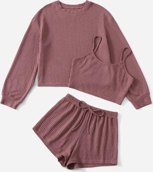 COZYEASE Women's 3 Piece Lounge Sets Ribbed Knit Cami Top Long Sleeve Tee Shirts and Shorts Pajama Sets - Image 6