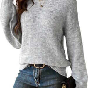 COZYEASE Women's Drop Shoulder Sweater Ribbed Knit Sweaters Long Sleeve Crewneck Pullover Tops Fall Solid Knit Outfits