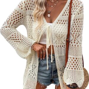 COZYEASE Women's Hollow Out Tie Front Bikini Cover Up Top Plain Long Sleeve Kimono