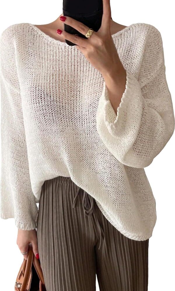 COZYEASE Women's Lightweight Sweater Long Sleeve Sheer Mesh Crewneck Drop Shoulder Pullover Sweater Tops