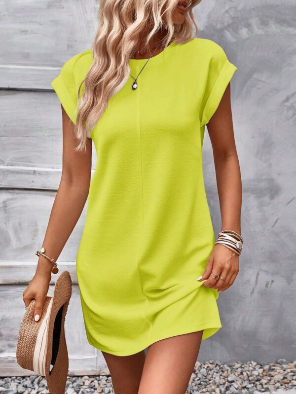 COZYEASE Women's Solid Crewneck Short Sleeve Tunic Dress Summer Cap Sleeve Straight Basic Dresses - Image 3