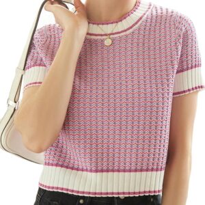 COZYEASE Women's Striped Print Rib Knit Short Sleeve Crop Sweaters Round Neck Binding Pullover Sweaters