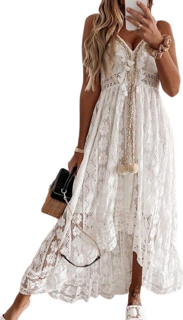 CUPSHE Women's Maxi Dress Lace Dresses Boho Tassel V-Neck Flare Ruffle Adjustable Straps Beach Summer Long Dress