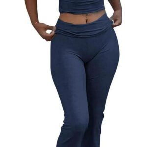 Casual Workout Two Piece Outfits for Women Short Sleeve Crop High Waist Foldover Flare Pants Tracksuit Sets Streetwear