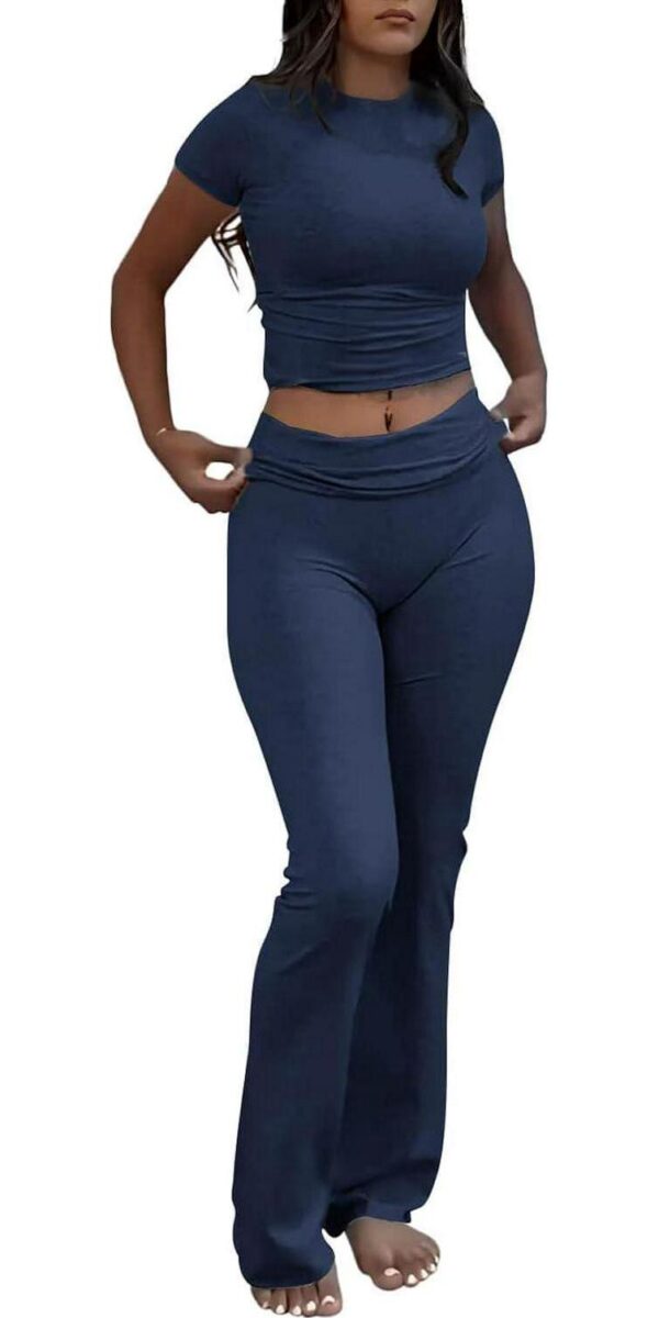 Casual Workout Two Piece Outfits for Women Short Sleeve Crop High Waist Foldover Flare Pants Tracksuit Sets Streetwear
