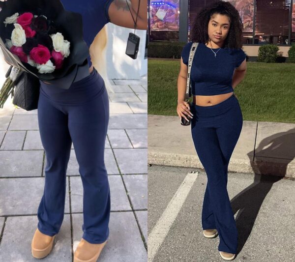 Casual Workout Two Piece Outfits for Women Short Sleeve Crop High Waist Foldover Flare Pants Tracksuit Sets Streetwear - Image 4