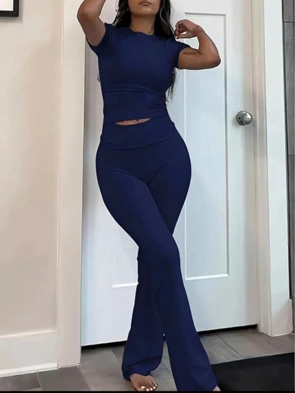 Casual Workout Two Piece Outfits for Women Short Sleeve Crop High Waist Foldover Flare Pants Tracksuit Sets Streetwear - Image 3