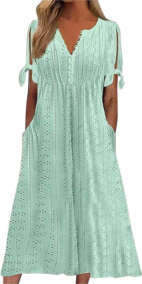Ceboyel Womens Eyelet Casual Summer Dress Boho Embroidery Maxi Dresses Pleated Long Dress Vacation Trendy Clothing 2024