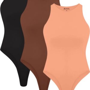 Cyanstyle Womens 3 Piece Bodysuits Sexy Sleeveless Racer Back High Neck Double Lined Bodysuit Tank Tops
