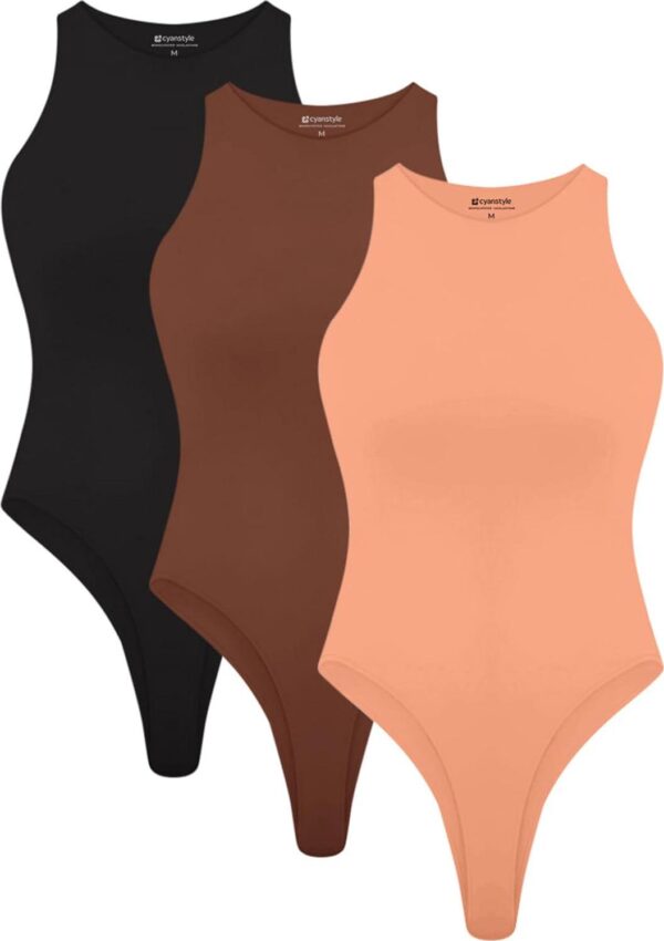 Cyanstyle Womens 3 Piece Bodysuits Sexy Sleeveless Racer Back High Neck Double Lined Bodysuit Tank Tops