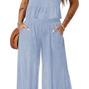Dokotoo Pants Sets Women 2 Piece Outfits Sleeveless Round Neck Tank Tops Matching Sets for Women Elastic Waist Wide Leg