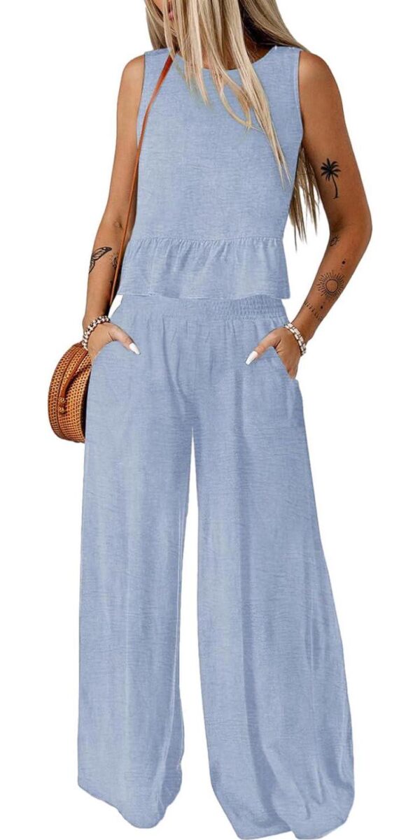 Dokotoo Pants Sets Women 2 Piece Outfits Sleeveless Round Neck Tank Tops Matching Sets for Women Elastic Waist Wide Leg