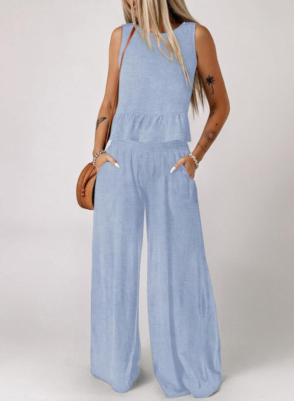 Dokotoo Pants Sets Women 2 Piece Outfits Sleeveless Round Neck Tank Tops Matching Sets for Women Elastic Waist Wide Leg - Image 2