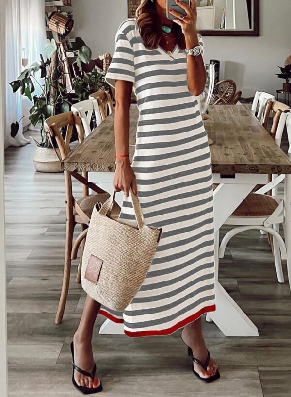 Dokotoo Summer Dress Casual Womens Fashion Short Sleeve Maxi Dress T Shirt Dress Striped Long Color Block Maxi Dress - Image 2