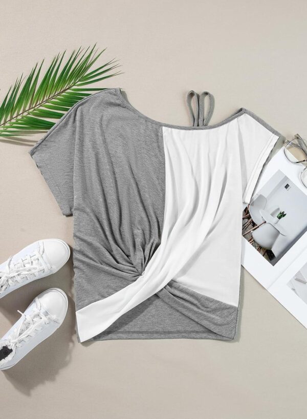 Dokotoo T Shirts for Women Twist Knot Color Block Loose Fit Cold Shoulder Tops for Women Fashion 2024 - Image 4