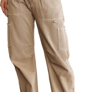 Dokotoo Women 6 Pockets High Waisted Cargo Pants Wide Leg Casual Pants Combat Military Trouser US 4-18