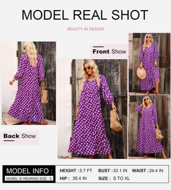 Dokotoo Women Boho Maxi Dresses 2024 V Neck Long Puff Sleeve Smocked Ruffle Flowy Casual Dress - Image 2