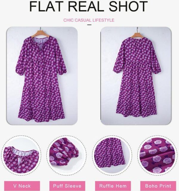 Dokotoo Women Boho Maxi Dresses 2024 V Neck Long Puff Sleeve Smocked Ruffle Flowy Casual Dress - Image 3
