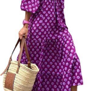 Dokotoo Women Boho Maxi Dresses 2024 V Neck Long Puff Sleeve Smocked Ruffle Flowy Casual Dress