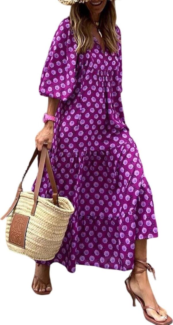 Dokotoo Women Boho Maxi Dresses 2024 V Neck Long Puff Sleeve Smocked Ruffle Flowy Casual Dress