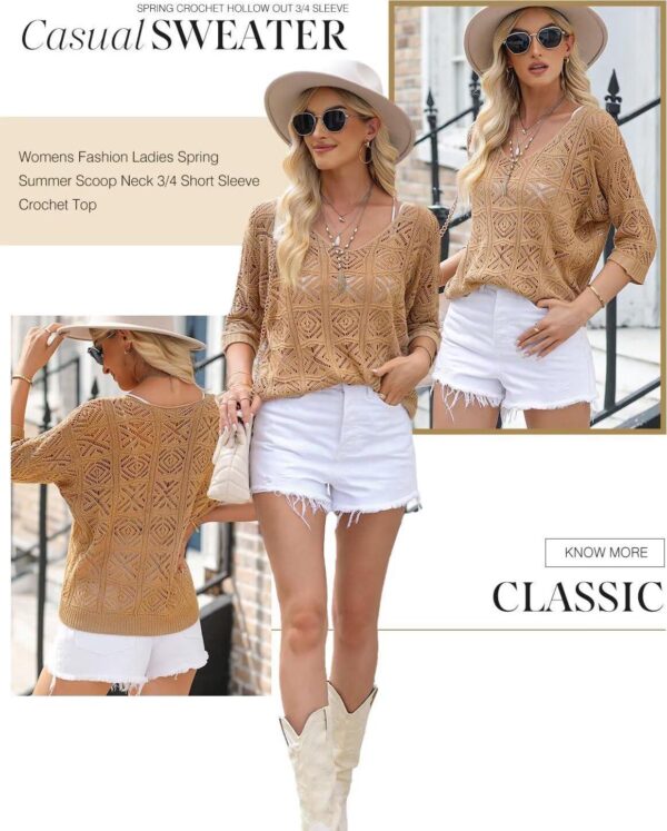 Dokotoo Women's 2024 Spring Summer Crochet Hollow Out 3/4 Sleeve Pullover Sweater Off Shoulder T-Shirts - Image 6