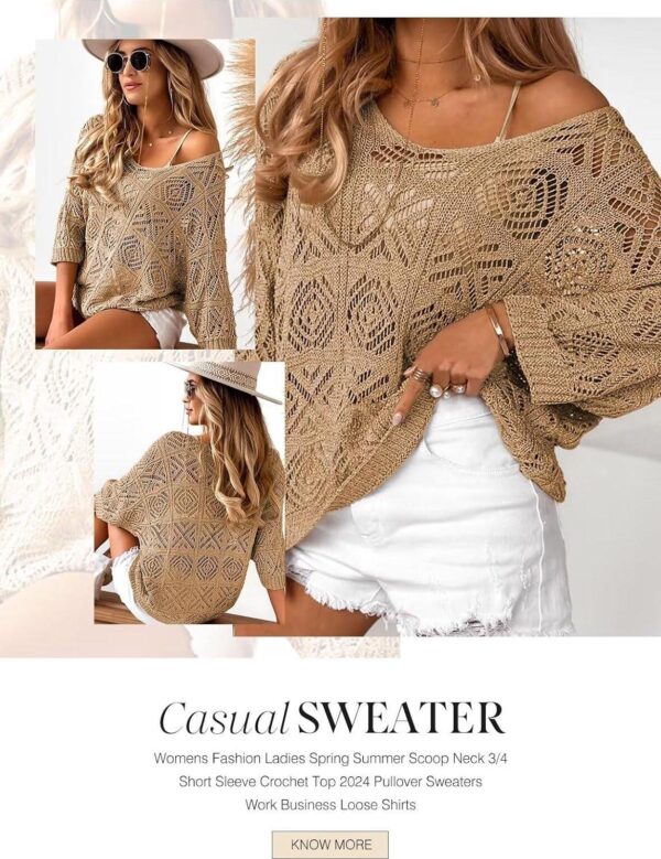 Dokotoo Women's 2024 Spring Summer Crochet Hollow Out 3/4 Sleeve Pullover Sweater Off Shoulder T-Shirts - Image 4