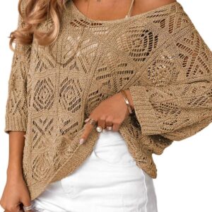 Dokotoo Women's 2024 Spring Summer Crochet Hollow Out 3/4 Sleeve Pullover Sweater Off Shoulder T-Shirts