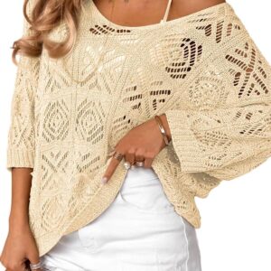 Dokotoo Women's 2024 Spring Summer Crochet Hollow Out 3/4 Sleeve Pullover Sweater Off Shoulder T-Shirts
