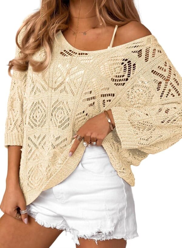 Dokotoo Women's 2024 Spring Summer Crochet Hollow Out 3/4 Sleeve Pullover Sweater Off Shoulder T-Shirts