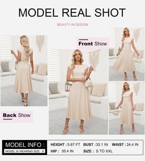 Dokotoo Women's 2 Piece Summer Outfits Casual Crewneck Short Sleeve Ruched Knit Tops Elastic Waist A-Line Midi Skirt Set - Image 2