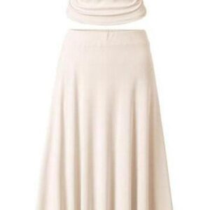 Dokotoo Women's 2 Piece Summer Outfits Casual Crewneck Short Sleeve Ruched Knit Tops Elastic Waist A-Line Midi Skirt Set