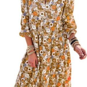 Dokotoo Women's Casual Loose Bohemian Floral Dresses 2024 Long Puff Sleeve V Neck Ruffle A Line Flowy Summer Beach Dress