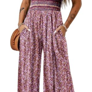 Dokotoo Women's Casual Loose Overalls Jumpsuits One Piece Sleeveless Printed Wide Leg Long Pant Rompers With Pockets
