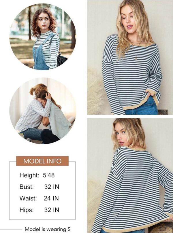 Dokotoo Womens 2024 Long Sleeve Tops Sweaters Casual Crewneck Striped Color Block Drop Shoulder Cotton Pullover Shirts - Image 3