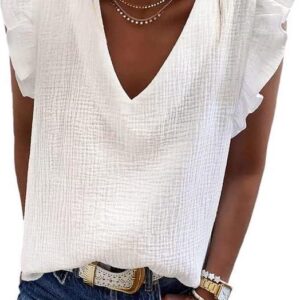 Dokotoo Womens 2024 Cute V Neck Ruffle Sleeveless Shirts Elegant Tank Tops Blouses