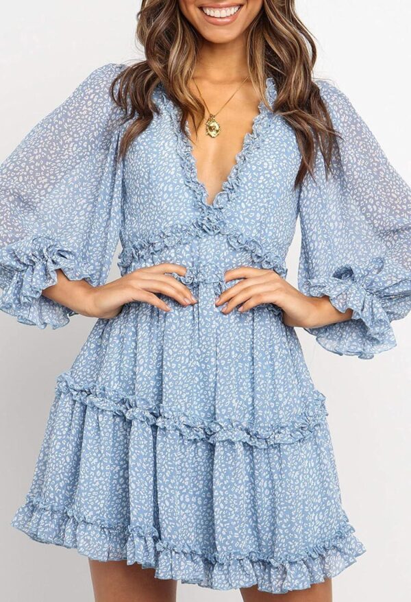 Dokotoo Womens 2024 Spring Summer Deep V Neck Ruffle Floral Flowy Mini Dress - Image 4