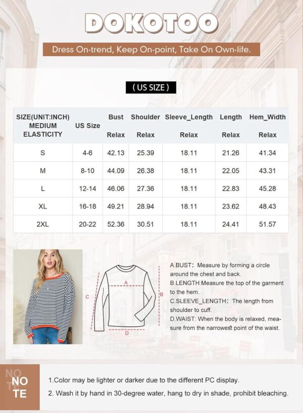 Dokotoo Womens 2024 Long Sleeve Tops Sweaters Casual Crewneck Striped Color Block Drop Shoulder Cotton Pullover Shirts - Image 6