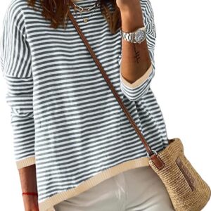 Dokotoo Womens 2024 Long Sleeve Tops Sweaters Casual Crewneck Striped Color Block Drop Shoulder Cotton Pullover Shirts