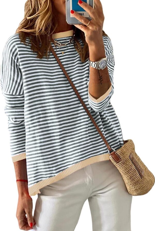 Dokotoo Womens 2024 Long Sleeve Tops Sweaters Casual Crewneck Striped Color Block Drop Shoulder Cotton Pullover Shirts