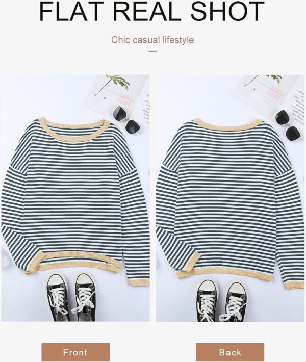 Dokotoo Womens 2024 Long Sleeve Tops Sweaters Casual Crewneck Striped Color Block Drop Shoulder Cotton Pullover Shirts - Image 4