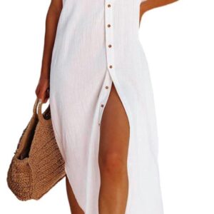 Dokotoo Womens Casual Short Sleeve Side Split Button Down Long Kimonos Cardigans Swimsuit Cover Ups Summer Beach Dress