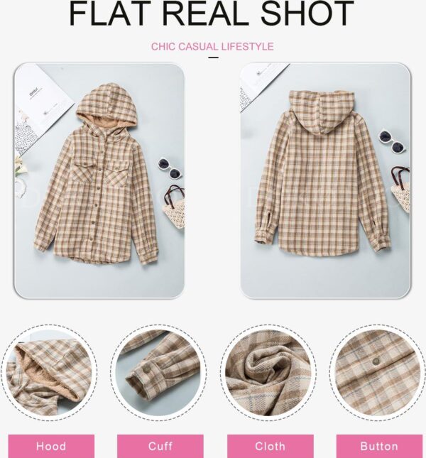 Dokotoo Womens Plaid Shacket Jacket Long Sleeve Button Down Fleece Hooded Jackets Warm Coat - Image 5