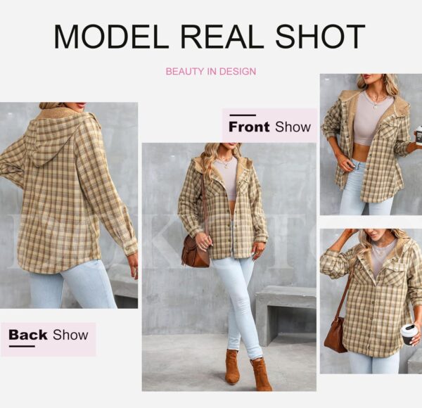 Dokotoo Womens Plaid Shacket Jacket Long Sleeve Button Down Fleece Hooded Jackets Warm Coat - Image 7